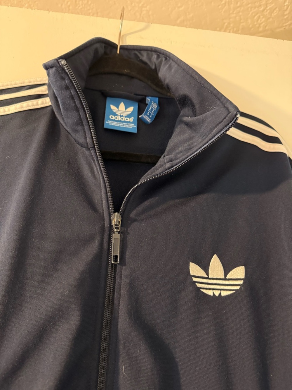 adidas Navy Blue Track Jacket with White Trefoil and Stripes